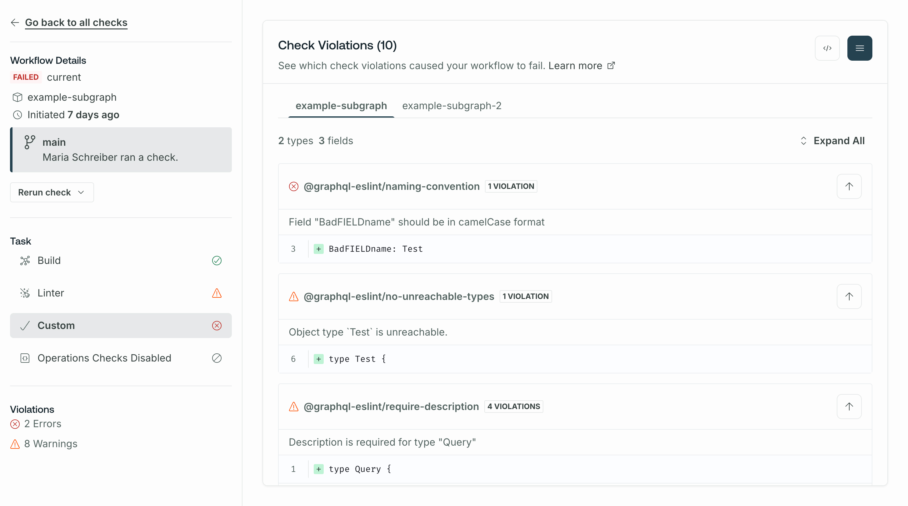 Schema check run showing custom check errors and warnings in GraphOS Studio