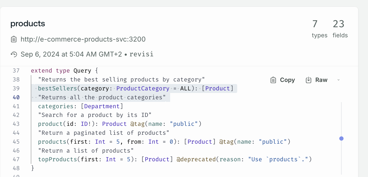 Studio screenshot of Schema SDL, closeup of type definition in subgraph schema